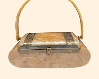 Bolso de mano vintage de Lucite de los años 50, color melocotón jaspeado, con asa de Lucite tallada, estilo neceser, mediados de siglo.