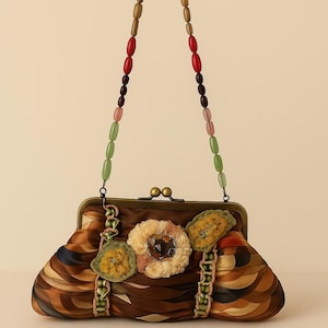 Mary Frances Multicolor Satin Handbag Beaded Handle Floral Applique Designer Statement Purse