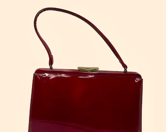 1960s Vintage Cherry Red Patent Leather Handbag Structured Frame Gold Clasp Mid Century Purse