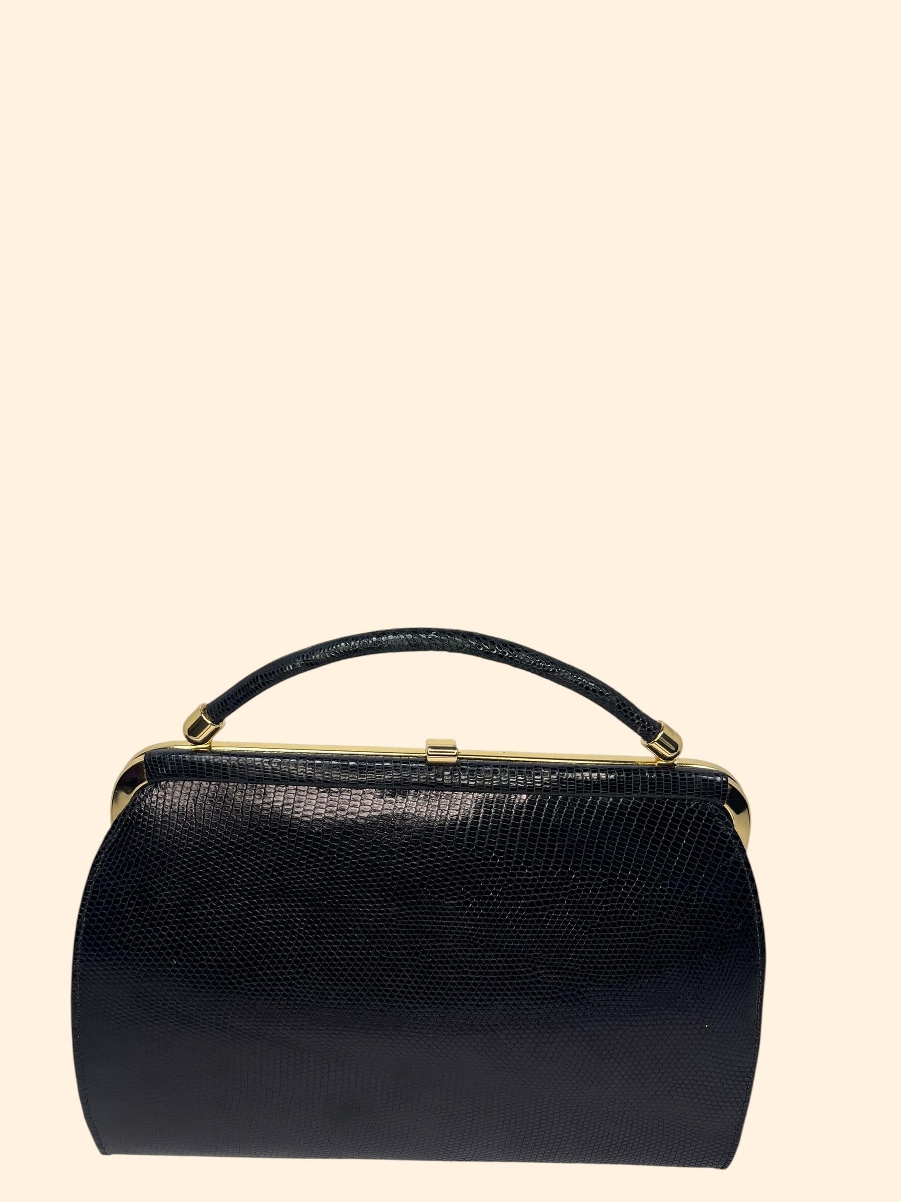 【JRA認定美品】S.SAKAMOTO lizard handbag 1960s Vintage Black Genuine Lizard Handbag Made in England Gold