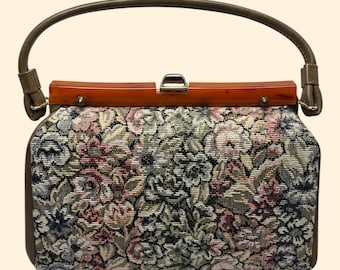 Sac à main tapisserie florale taupe vintage des années 1960, sac à main à poignée supérieure