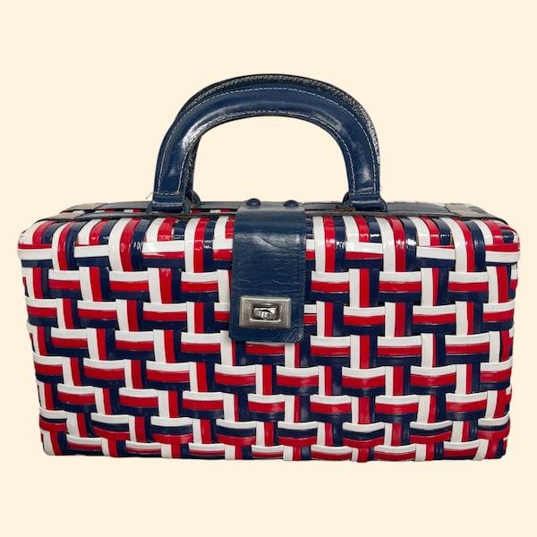 1960s vintage Security Quality Hong Kong Red White Blue Woven Box Purse Mid Century Top Handle Handbag