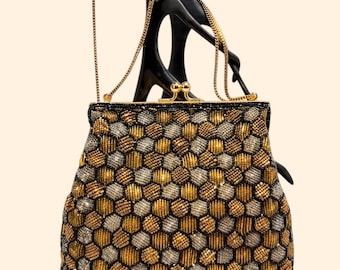 1960s vintage beaded evening bag Hong Kong gold silver mod mid century formal purse