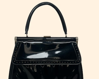 1960s VTG Vendi Black Patent Leather Structured Handbag Made in USA