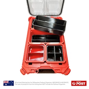 May include: Red plastic toolbox with a black 3D printed organiser insert. The insert has multiple compartments for organising small tools and parts.