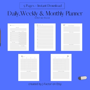 Digital Planner Template, Daily Weekly Monthly Printable Planner, Undated Inserts, Instant Download, Letter Size, Minimal