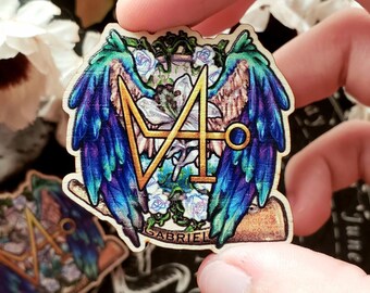 St. Gabriel the Archangel: Devotional Wooden Pin (1.5' x 1.5') 40mm - Lapel Pin, Altar Artwork, Angel Wings, Angelic Sigil