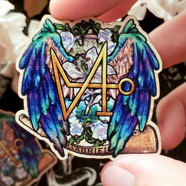 St. Gabriel the Archangel: Devotional Wooden Pin (1.5' x 1.5') 40mm - Lapel Pin, Altar Artwork, Angel Wings, Angelic Sigil