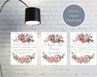 Peace Speaker printable wall art, set of 3 Digital download, inspirational Bible verses, scripture, Christian encouragement, floral decor