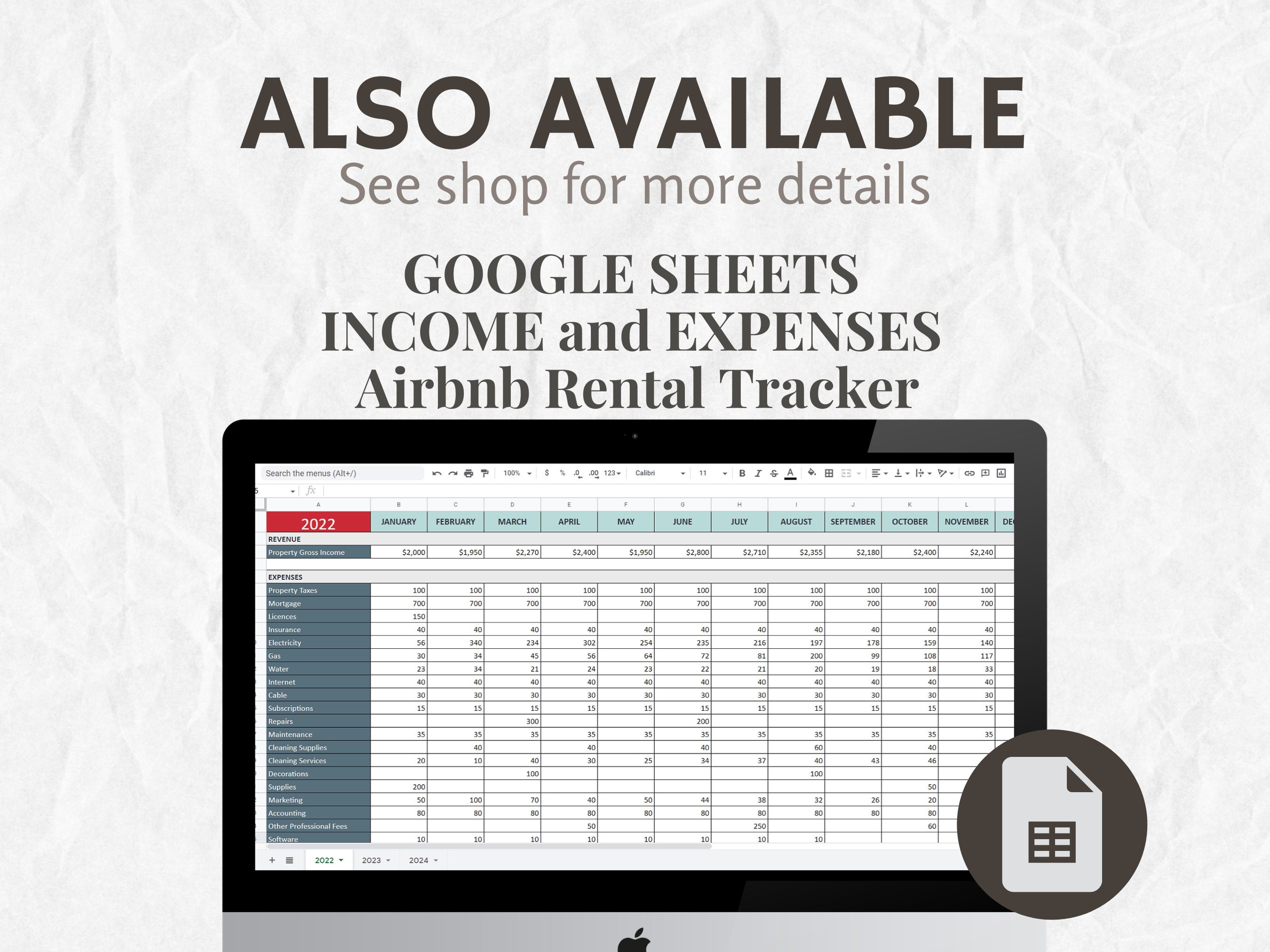 Airbnb Spreadsheet and Expense Tracker Excel Spreadsheet Single