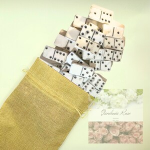 Gray and White marble effect resin domino set with personalized bag.