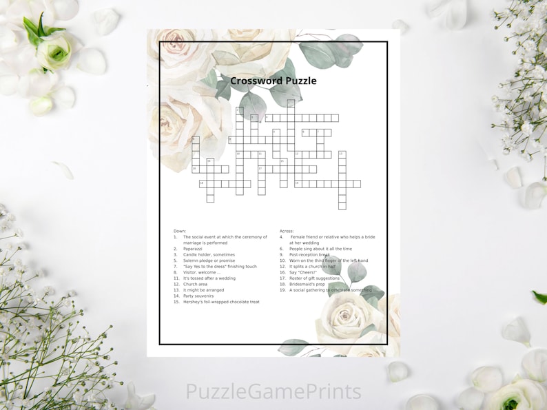 Printable Crossword Puzzle for Wedding and Bridal Shower Wedding