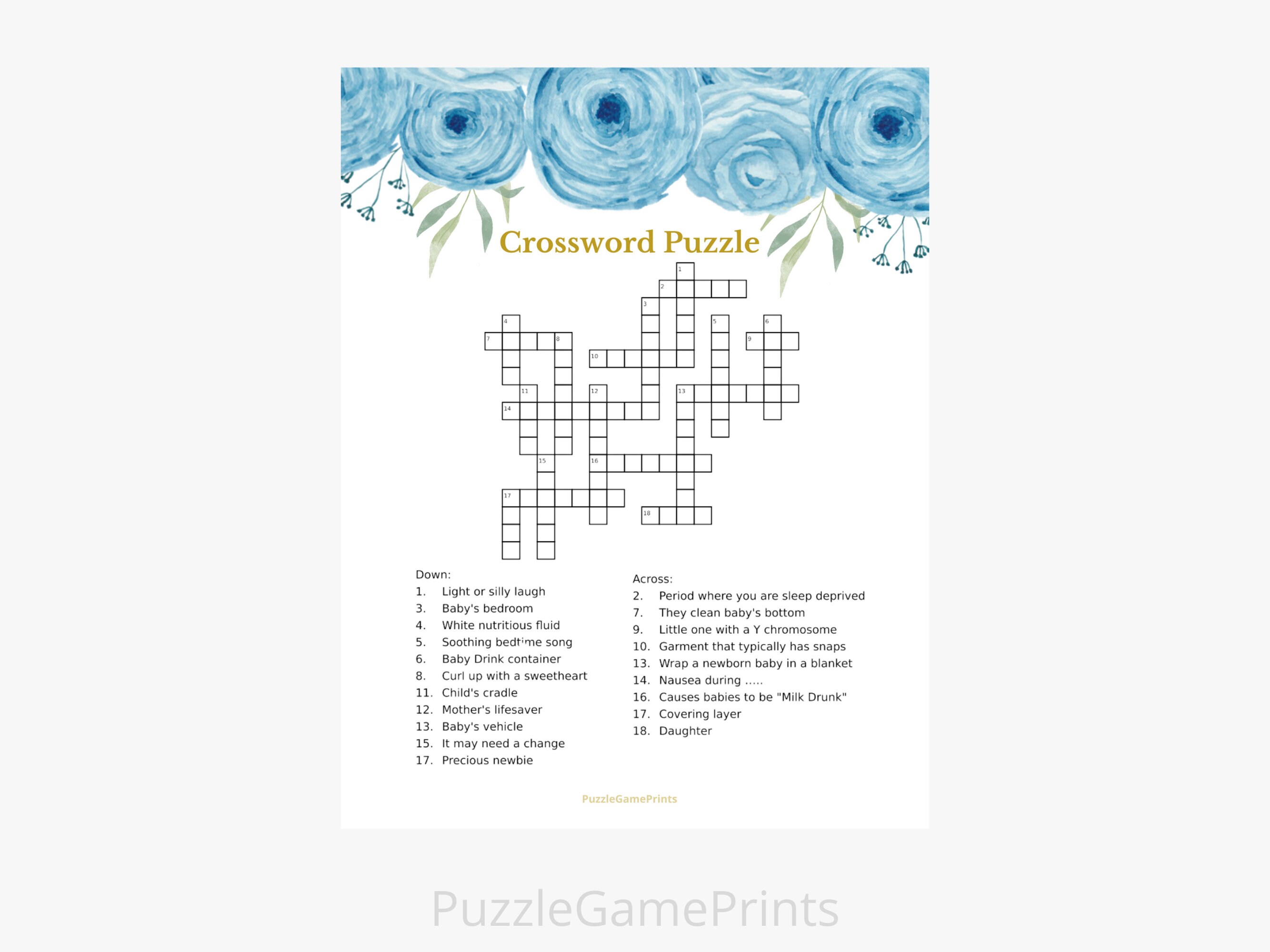 Printable Baby Shower Crossword Puzzle Boy Baby Shower Etsy