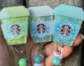 Coffee Badge Reel - Coffee, Scrubs, and Rubber Gloves or Starbucks - Green, Light Blue, Blue - Personalize