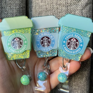 Coffee Badge Reel - Coffee, Scrubs, and Rubber Gloves or Starbucks - Green, Light Blue, Blue - Personalize