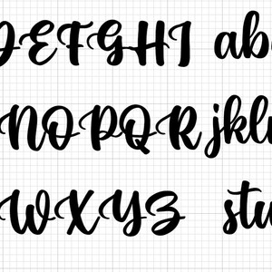 May include: A black and white alphabet in a cursive font. The letters are written in three rows, with the first row being A through I, the second row being J through R, and the third row being S through Z.