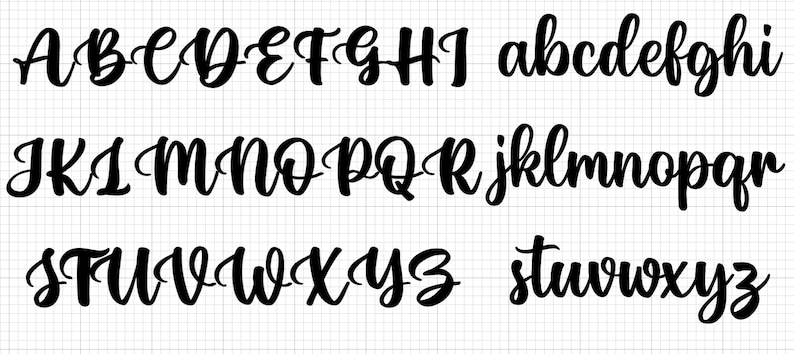 May include: A black and white alphabet in a cursive font. The letters are written in three rows, with the first row being A through I, the second row being J through R, and the third row being S through Z.
