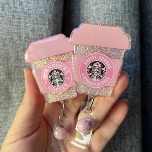 Pink Coffee Badge Reel - Coffee, Scrubs, and Rubber Gloves or Starbucks - Personalize