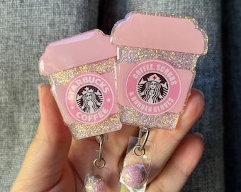 Pink Coffee Badge Reel - Coffee, Scrubs, and Rubber Gloves or Starbucks - Personalize