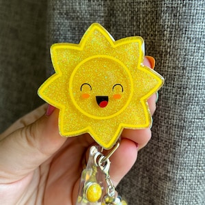 Happy Sun Badge Reel - with Removable Gem Charm - Sunshine, Nurse, Medical Assistant, Smiley
