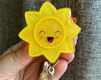 Happy Sun Badge Reel - with Removable Gem Charm - Sunshine, Nurse, Medical Assistant, Smiley