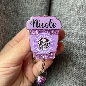 Purple Coffee Badge Reel - Coffee, Scrubs, and Rubber Gloves or Starbucks - Personalizable