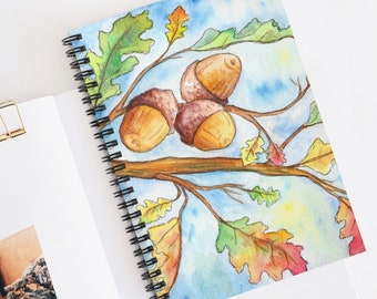 Autumn Oak Leaves and Acorns Spiral Notebook | Ruled Line journal | Fall leaves notebook