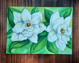 クチナシ | 署名入り水彩画 | 白い南部の花、花柄、ルイジアナアート