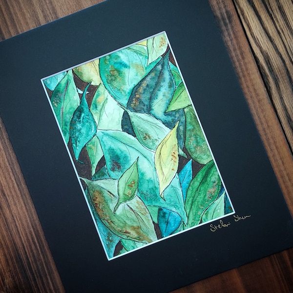 Fallen Green Leaves | Watercolor Fine Art Giclee Print | Hand-Signed & Matted | Nature Home Decor | Leaf Wall Art | 5x7 8x10 Art Print