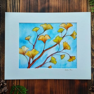 Bright Yellow Ginkgo Leaf Branch | Watercolor Fine Art Giclee Print | Hand-Signed & Matted | Ginkgo Leaves Painting Wall Art | 8x10 Print