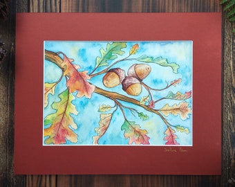 Original watercolor painting 8x10 "Autumn Oak Leaves and Acorns" | Watercolor Fine Art | Hand-Signed & Matted | Fall Leaf Painting 8x10