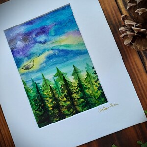 Forest Sky at Night | Watercolor Fine Art Giclee Print | Hand-Signed & Matted | Moon and Trees Wall Art | Night Sky Forest Painting