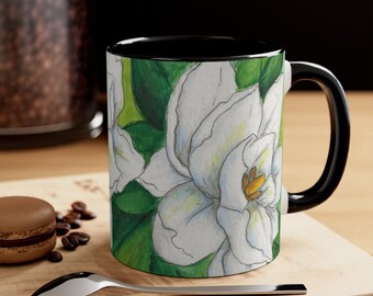 Vibrant Gardenia Flowers Coffee Mug with Original Artwork | 11 oz Cup With Original Flower Botanical Watercolor Artwork | Coffee Mug Gift