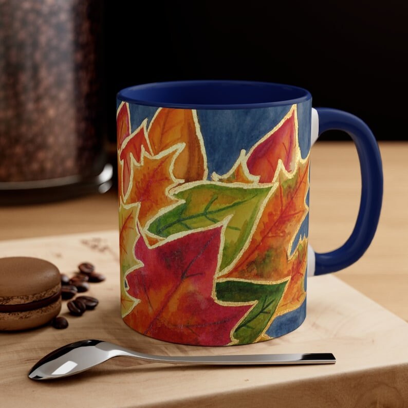 Autumn Leaves Coffee Mug with Original Art | 11 and 15 oz Mug with Original Watercolor Fall Leaf Art | Coffee Mug Gift