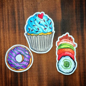 Tasty Treats Watercolor Art Stickers (set of 3) | Waterproof Vinyl Sticker Set | Doughnut, Sushi, Cupcake Art Sticker Set