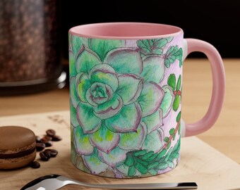 Succulent Coffee Mug with Original Watercolor Art | 11oz 15oz Mug With Original Botanical Cactus Succulent Art | Coffee Mug Gift