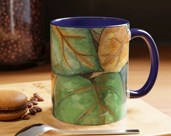 Turquoise and Sepia Leaves Coffee Mug with Original Watercolor Art | 11oz 15oz Mug With Original Leaf Art | Coffee Mug Gift