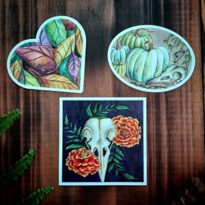 Skulls and Leaves Original Watercolor Art Stickers (set of 3) | Vinyl Waterproof Sticker Set | Unique Autumn Halloween Stickers