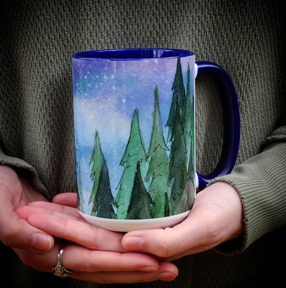 Dark Sky Forest Coffee Mug with Original Watercolor Art | 11 and 15 oz Mug  with Original Nature Art | Coffee Mug Gift
