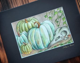 Pumpkins, Raven Skull, Vines | Watercolor Fine Art Giclee Print | Hand-Signed | Goth Autumn Wall Art