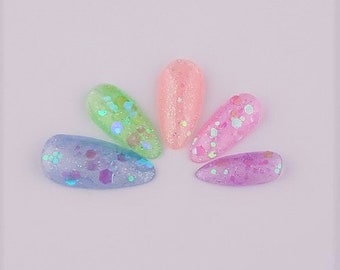 Press On Nails, Set of 10, Jelly Rainbow with Glitter, Custom Made to Order