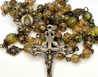 Our Lady | Czech Harvest Glass | Handmade | Solid Bronze | Vintage Replica | Wire Wrapped Catholic Rosary