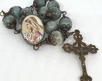 Mary with Lilies | Aquamarine | Antique Replica | Handmade | Solid Bronze | Single Decade Catholic Rosary
