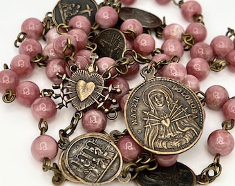 Seven Sorrows Chaplet | Madagascar Rose Quartz | Solid Bronze