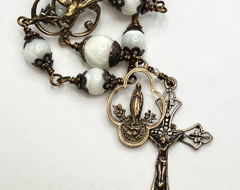 Single Decade Rosary | Holy Spirit Dove | Mother of Pearl | Solid Bronze