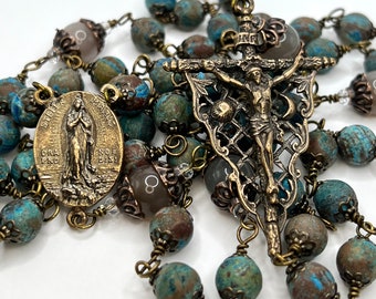 Stella Maris – Heirloom – Wire Wrapped Catholic Rosary of True Solid Bronze, Jasper and Moonstone