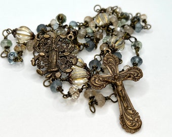 Praying Mary - Heirloom Rosary – Solid Bronze - Wire Wrapped Catholic Rosary of Czech Glass Crystal