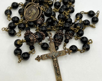 Mary/Lourdes  – Heirloom Rosary – Wire Wrapped Catholic Rosary of True Solid Bronze and Black Onyx