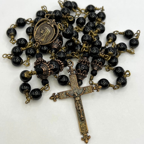 Mary/Lourdes  – Heirloom Rosary – Wire Wrapped Catholic Rosary of True Solid Bronze and Black Onyx