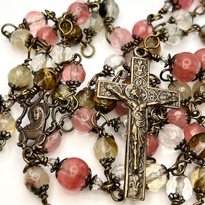 Virgin Mary | Natural Cherry Quartz | Handmade | Solid Bronze | Wire Wrapped Catholic Rosary